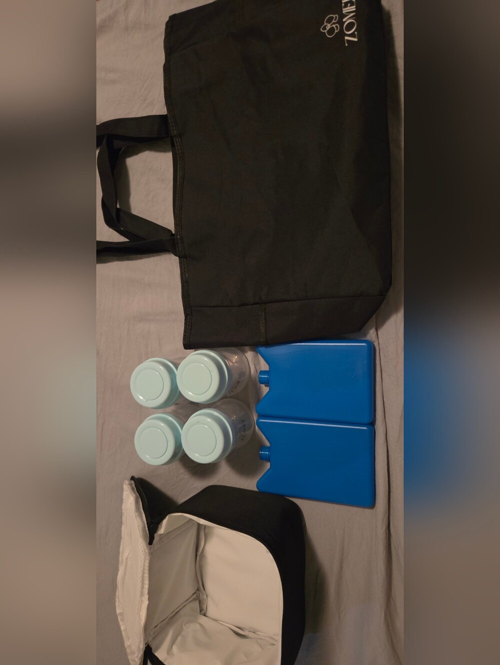 Baby Bottle Set with Blue Ice Packs and Black Tote